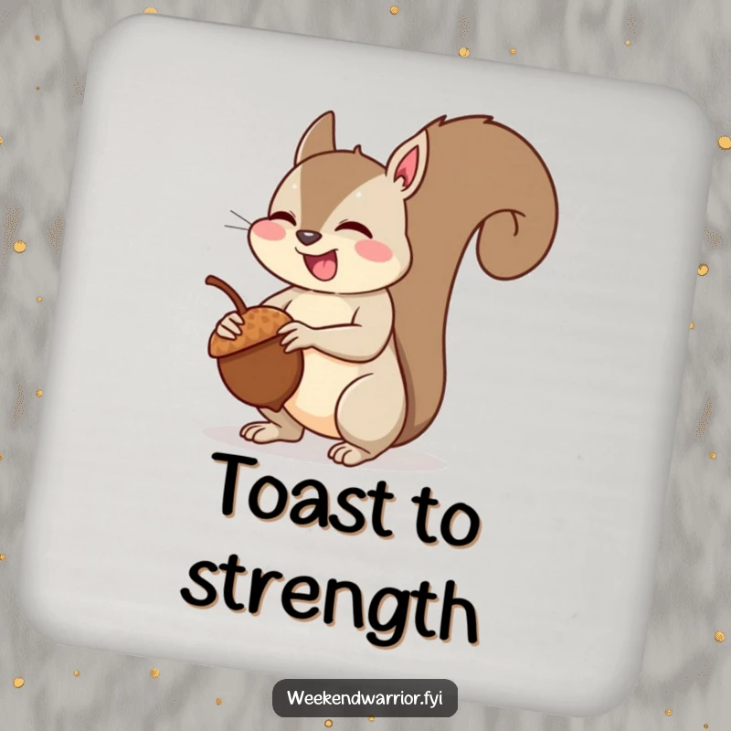 Funny squirrel muscle coaster featuring a giggling squirrel flexing its arm muscles after lifting an acorn, adding playful charm.