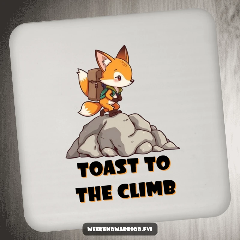 Funny Fox Coaster with a backpack, climbing a rocky outcrop, protecting surfaces with determination.
