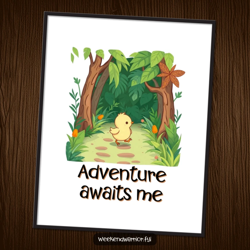 Funny Chick Poster of a cute chick with tiny boots, marching through a lush jungle path, full of determination.