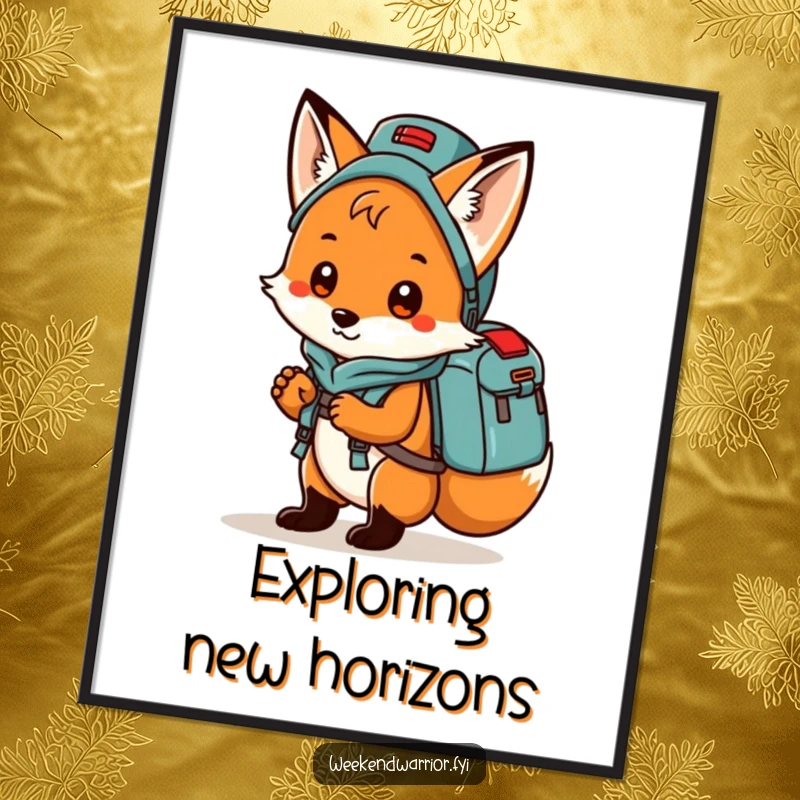 Funny fox with a big backpack full of camping gear, embarking on a humorous outdoor journey on a poster.