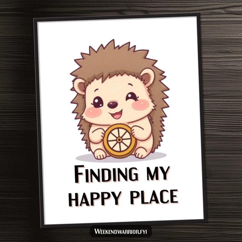 Funny poster illustrating a happy hedgehog using a makeshift compass, adding a touch of whimsical adventure and charm to wall decor.