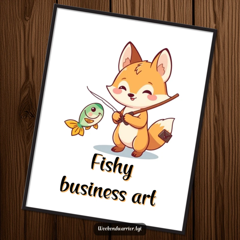 Funny Kawaii fox poster showing a cheerful character proudly holding a fishing rod and reeling in a fish, perfect decor.