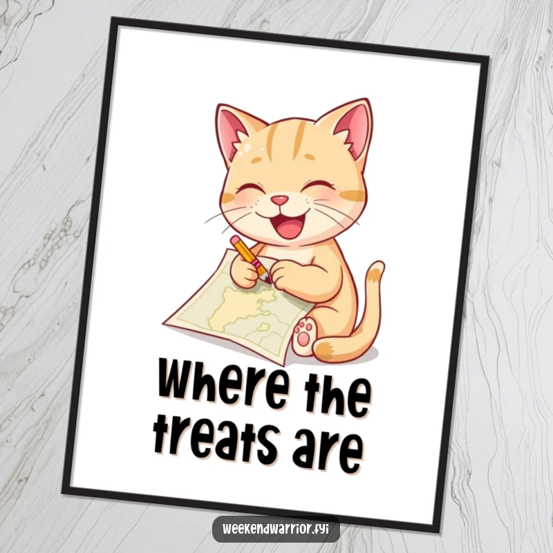Funny cat poster art of a delighted cat sketching a map with a tiny pencil, celebrating creativity and artistic endeavors.