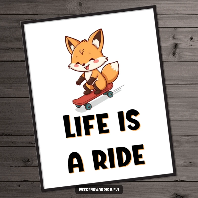 Funny poster of a fox cruising downhill on a skateboard with a huge grin, capturing a moment of pure exhilaration and freedom.
