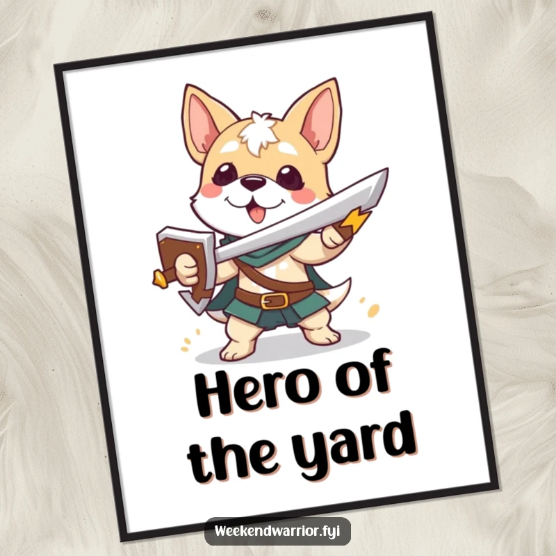 Funny poster of a playful dog character with a sword and shield, perfect for adding heroic decor.