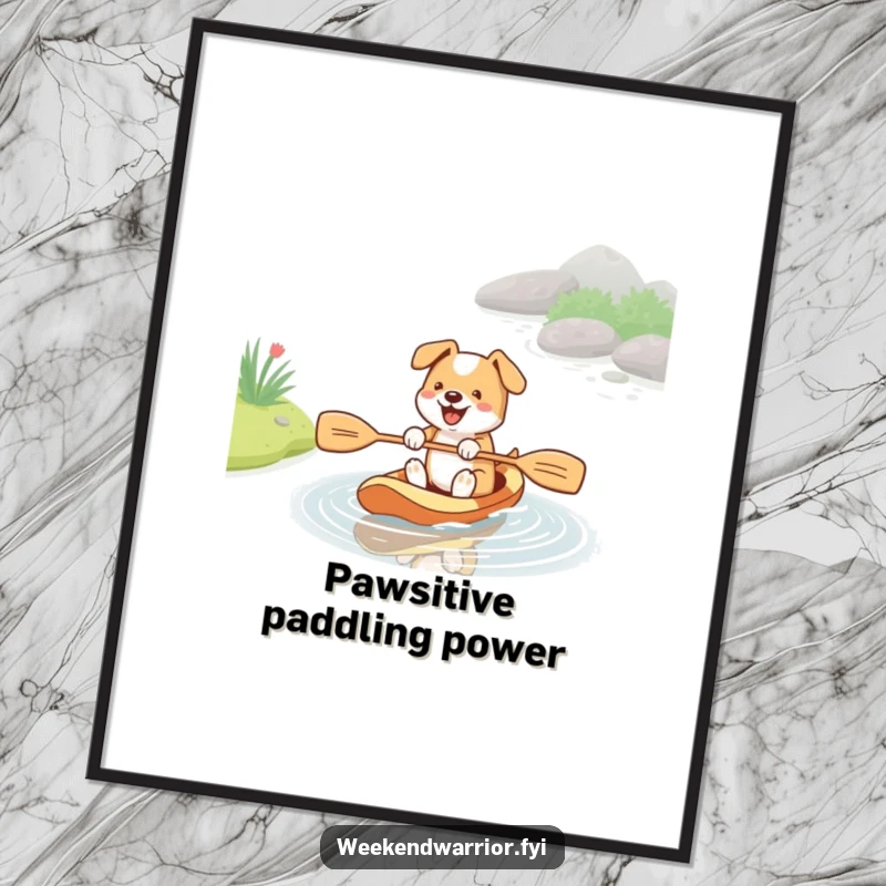 Funny poster illustrating an energetic dog paddling in a stream with a paddle, bringing a splash of humor and canine charm to wall decor.