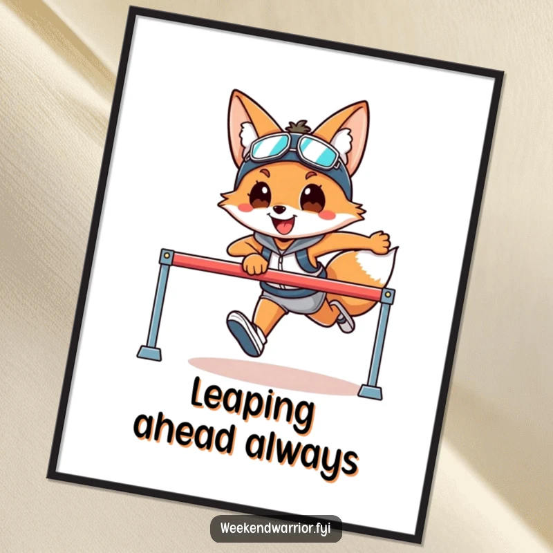 Funny poster of a smiling fox in athletic gear leaping over a hurdle, bringing sporting energy to walls.