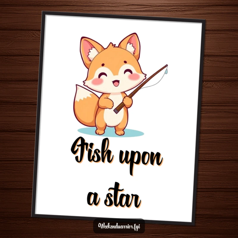 Funny poster print of an excited kawaii fox holding a fishing rod, anticipating a successful catch with joyful anticipation.