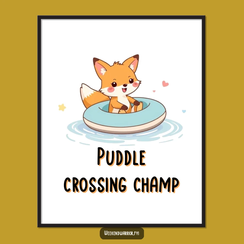 Funny Fox Raft Puddle Poster: Whimsical Fox Art, Delightful Funny Gift Print