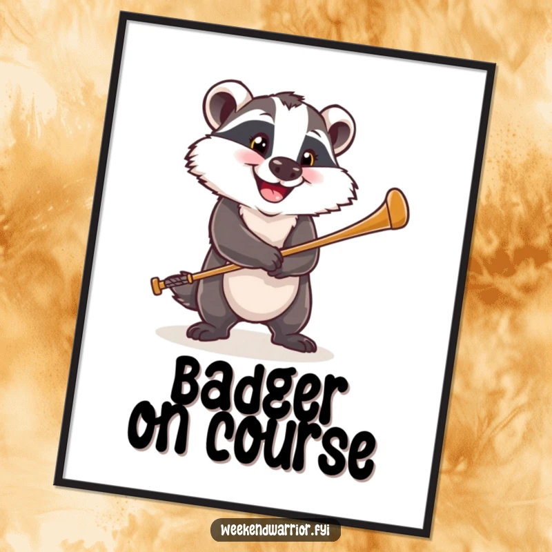 Funny poster art of a happy badger with a determined grin, powerfully swinging a golf club, ready for the game.
