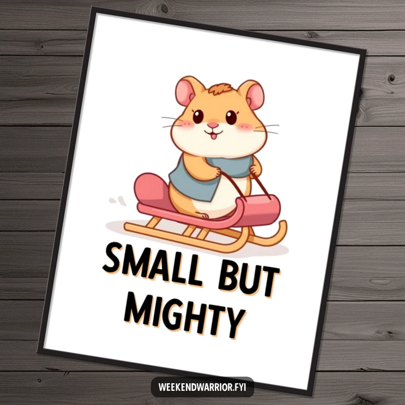 Funny hamster poster print of a proud hamster pushing a sled uphill, conveying a message of perseverance.