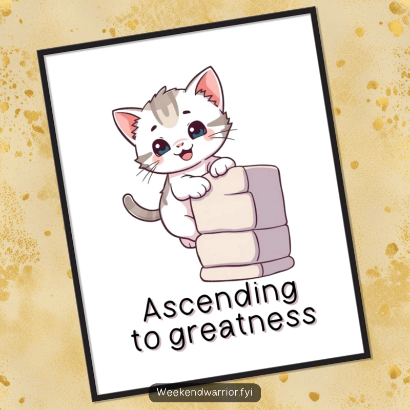 Funny poster art of a curious kitten smiling while climbing a small wall, ideal for decorating any room.