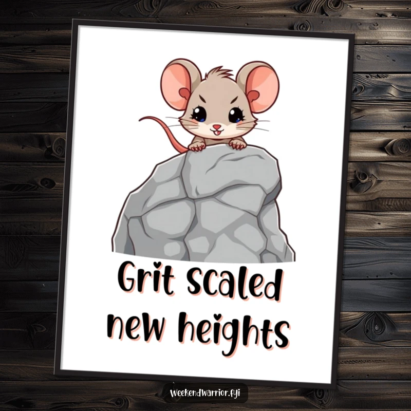 Funny poster print of a brave mouse character scaling a cartoonish rock face with determination, serving as motivational wall art.