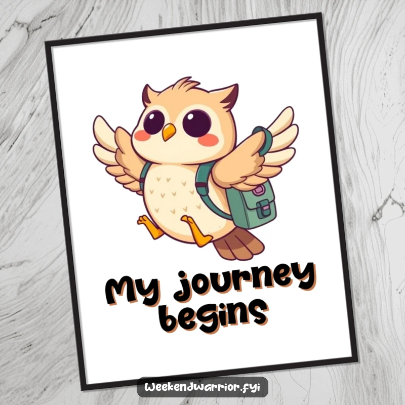 Funny owl poster print of a cheerful owl flying with a backpack, embodying the joy of adventure and travel.