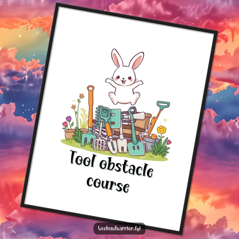 Funny poster showing a determined rabbit character leaping over a large stack of gardening tools, celebrating gardening passion.