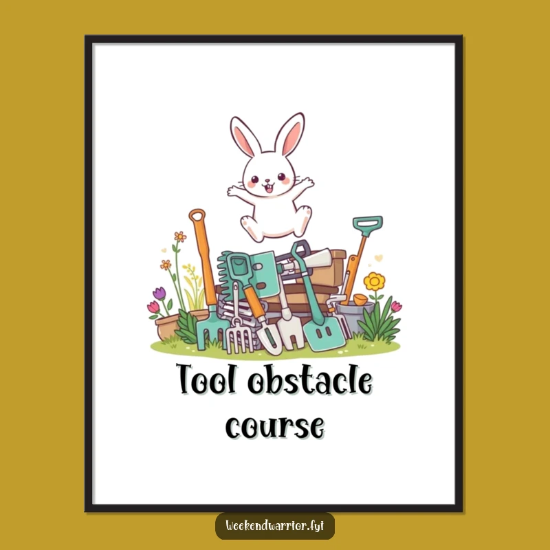 Funny Rabbit Gardener Poster: Humorous Wall Art, Leaping Over Tools, Unique Gift
