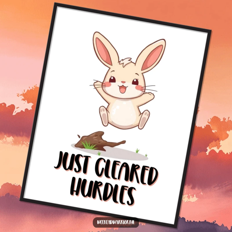 Funny poster artwork of a triumphant rabbit energetically leaping over a twig, showcasing pure joy and playful victory.