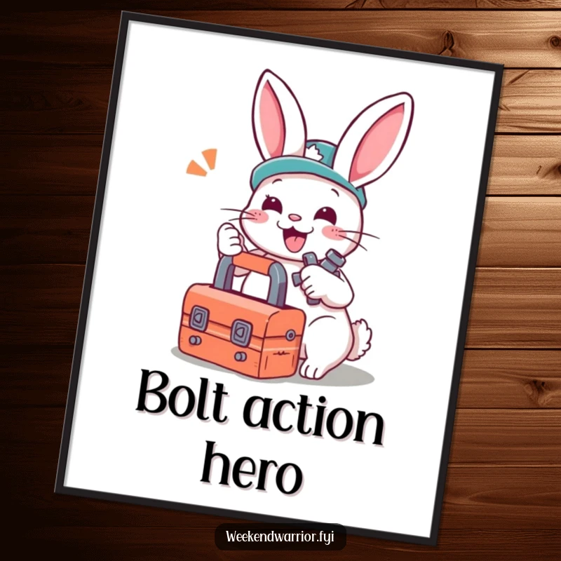 Funny poster: A smiling rabbit holding a toolbox and tightening a bolt, a charming illustration of mechanical prowess.