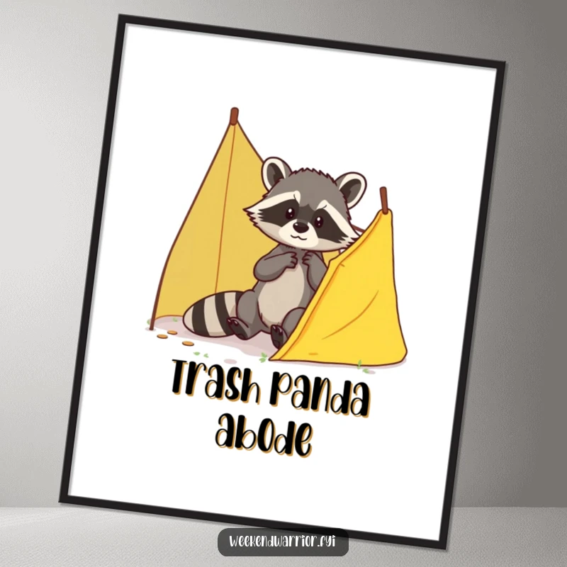 Funny Raccoon Tent Poster featuring a brave raccoon skillfully patching a small tear in a tent, ideal for wall decor.