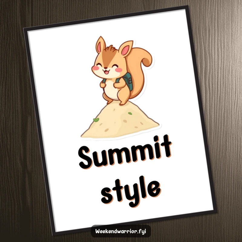 Funny poster: A cheerful squirrel with a backpack climbing a hill with a joyful expression, bringing outdoor vibes.