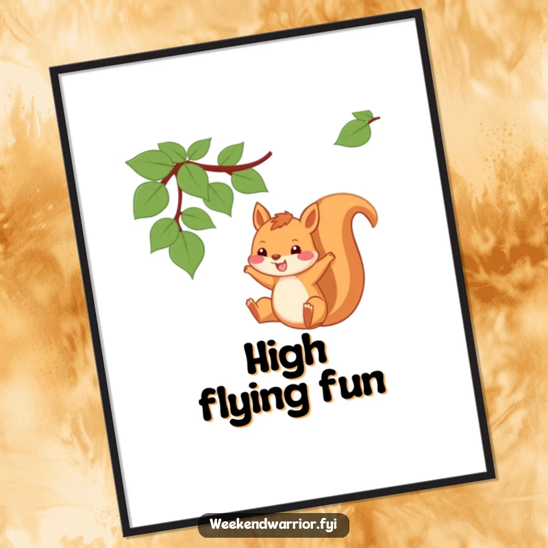 Funny Squirrel Poster of a playful squirrel swinging from a vine with a huge grin, full of joy.