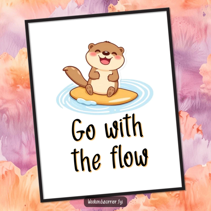 Funny poster art of a happy otter character jubilantly paddleboarding across a shimmering blue pond, perfect for coastal decor.