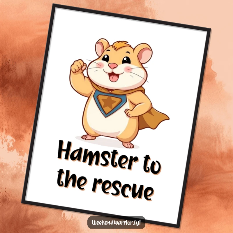 Funny poster showing a muscular hamster character flexing a bicep, wearing a superhero cape, celebrating heroism and humor.