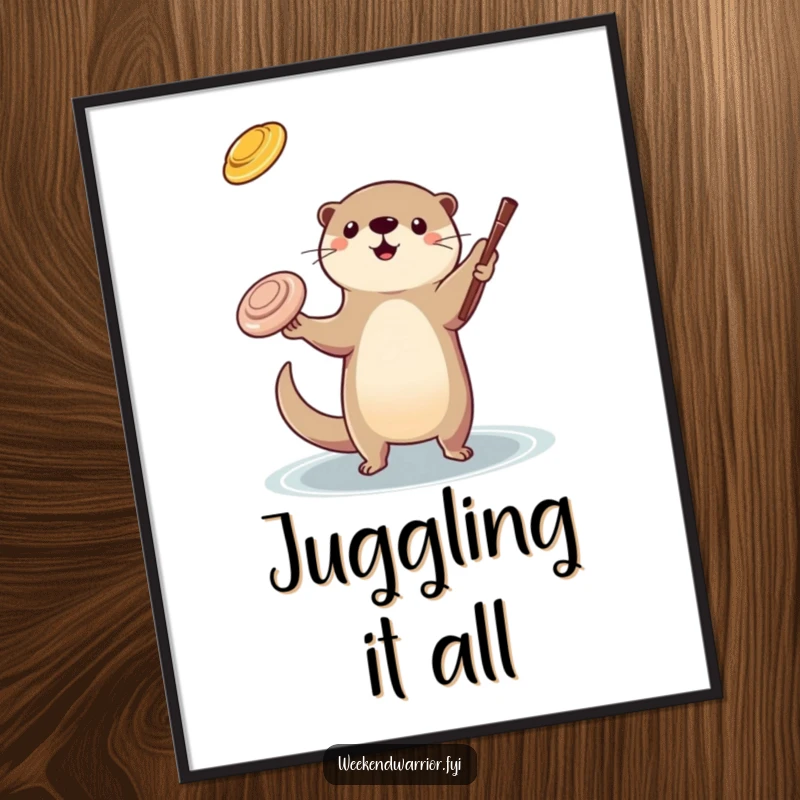 Funny otter juggling poster showcasing a playful otter impressively juggling a frisbee and a stick, conveying skill and amusement.