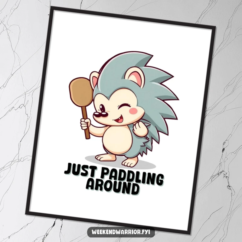 Funny hedgehog poster depicting a happy hedgehog character determinedly wielding a small paddle, adding humor to wall decor.