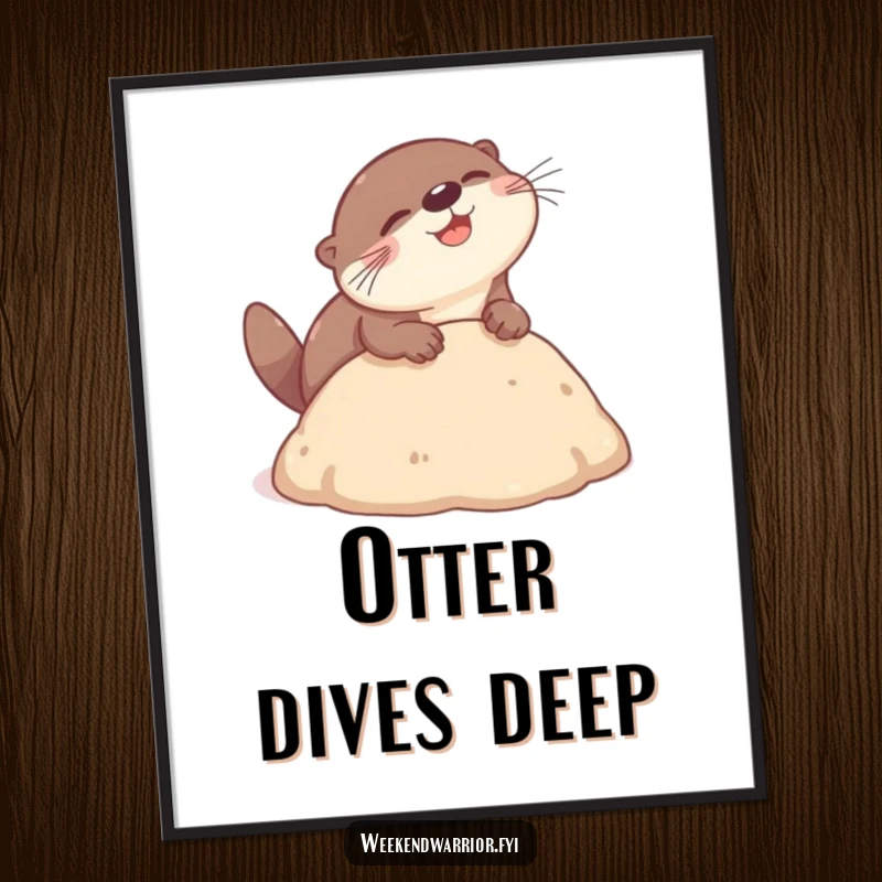 Funny otter poster depicting a playful otter gleefully performing a headbutt dive into a soft mound, whimsical and humorous wall art.