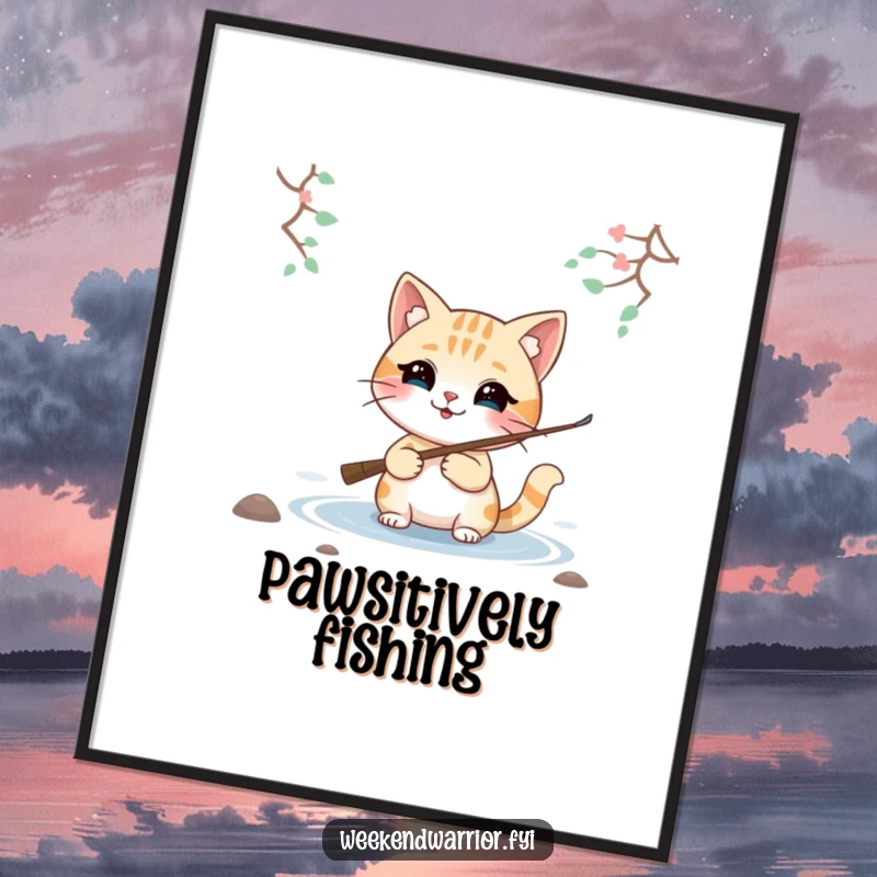 Funny poster featuring a smiling cat character fishing by a lake, evoking a sense of tranquility and happy relaxation.