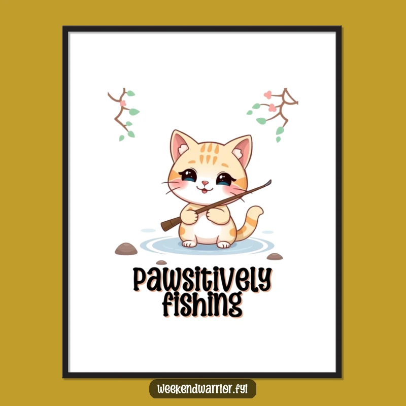 Funny Smiling Cat Fishing Poster, Relaxing Art for Your Wall