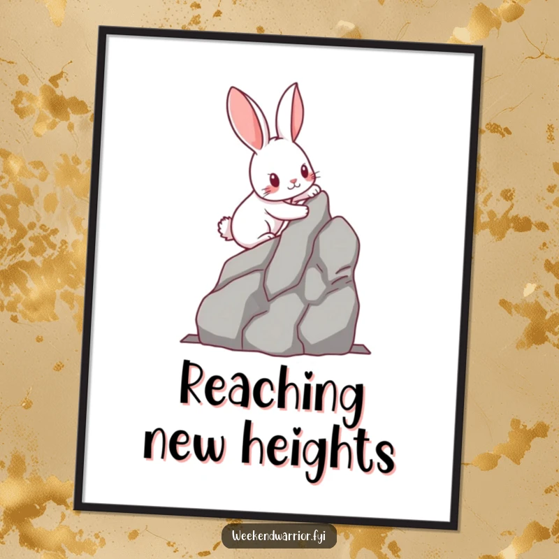Funny kawaii rabbit with determined paws scaling a miniature rock face, as a humorous art print. Perfect wall decor for climbers.