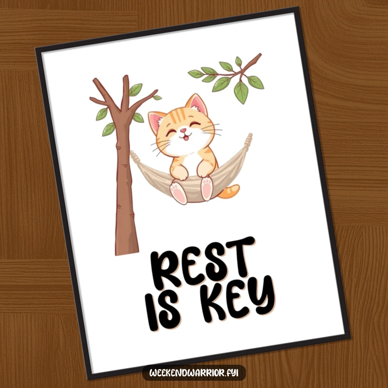 Funny kawaii cat poster, setting up a tiny hammock between branches, looking peaceful and content.