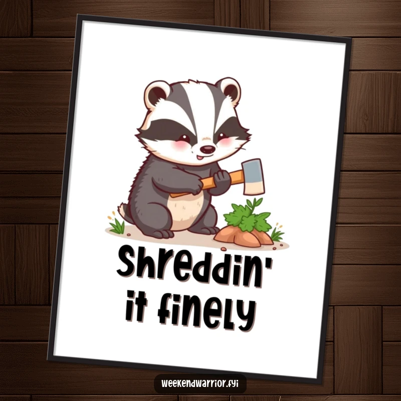 Funny kawaii badger enthusiastically hacking a small bush with a tiny axe, presented as a vibrant and humorous art print for your wall. Decorate with laughter.
