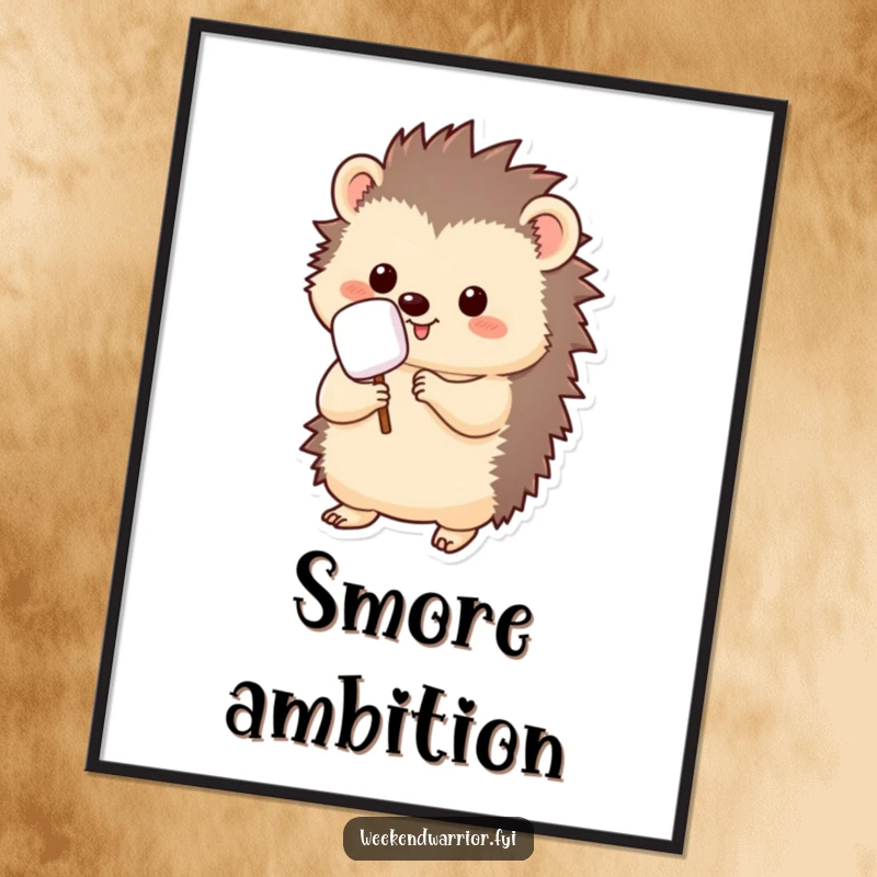 Funny kawaii hedgehog poster, holding a marshmallow on a stick, ready to roast, vibrant and cheerful wall art.