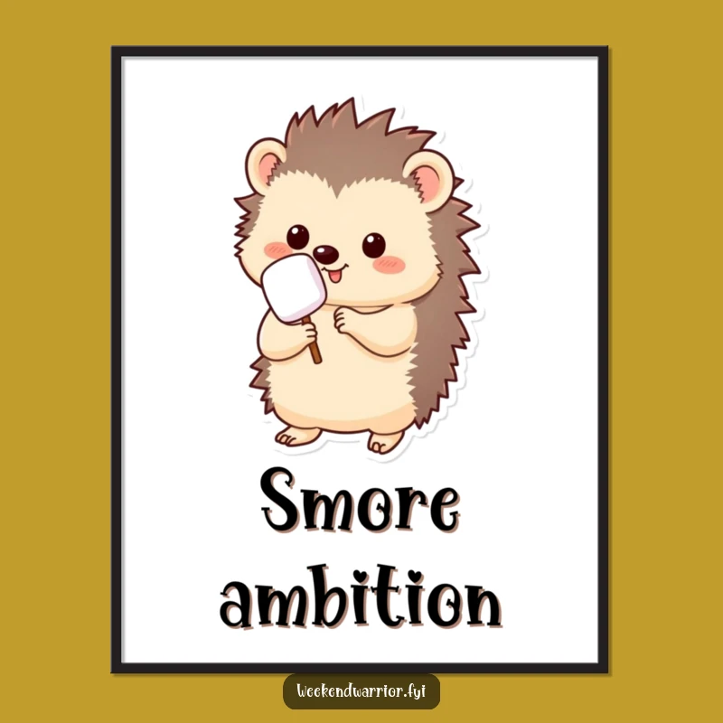 Funny Kawaii Hedgehog Poster: Adorable Marshmallow Roasting Art for Walls