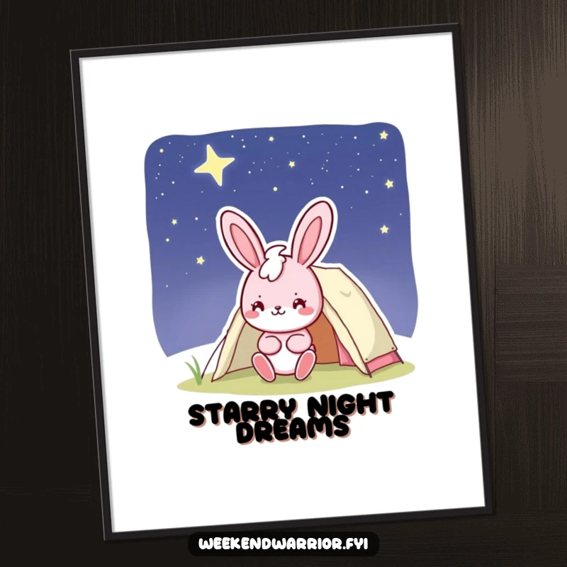 Funny bunny poster depicting a cheerful pink character with a confident smile setting up a tent under a starry night sky, art for campers.