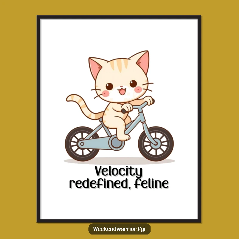 Funny Kawaii Cat Poster - Playful Bike Ride Art Print Humor Gift