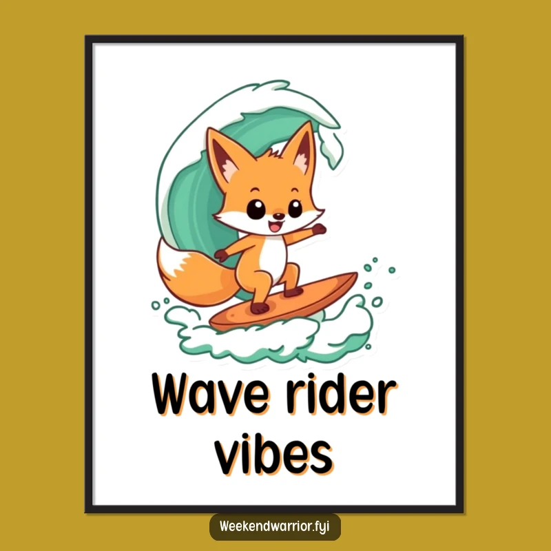 Funny Fox Surfer Poster: Cool Wall Art, Green Wave Style, Unique Humorous Gift