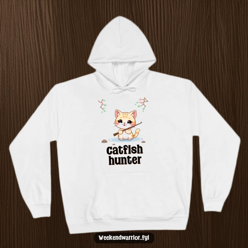 Funny hoodie featuring a smiling cat character with a fishing rod by a lake, symbolizing comfort and a love for angling.