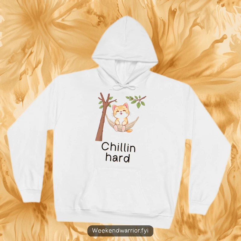 Funny kawaii cat hoodie, setting up a tiny hammock between branches, cozy and content.