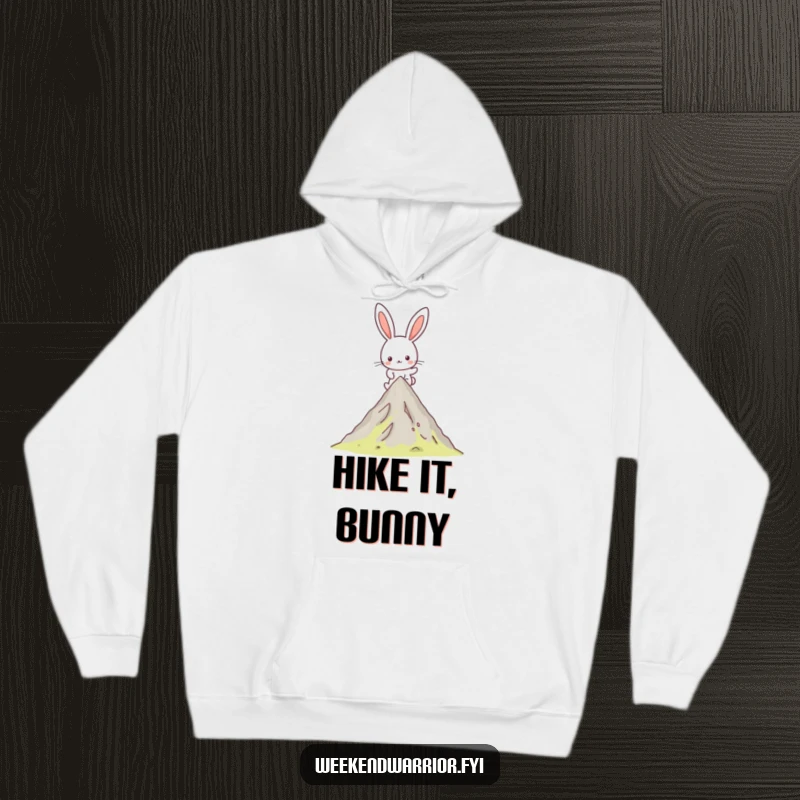 Funny Kawaii rabbit hoodie featuring a happy hiking character reaching a mountain peak, offering warmth and cheerful motivation.