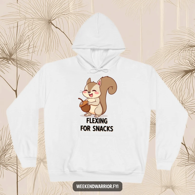 Funny squirrel muscle hoodie showing a giggling squirrel flexing its arm muscles after lifting an acorn, embodying playful strength.