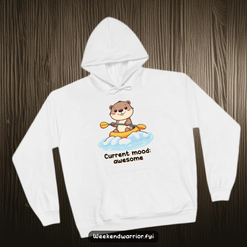 Funny Kawaii Otter Hoodie featuring a smiling character kayaking rapids, perfect for cozy, humorous adventures. Ideal funny gift.