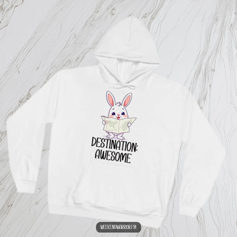 Funny Bunny Hoodie holding a large map, looking resolute and ready for any planned adventure.