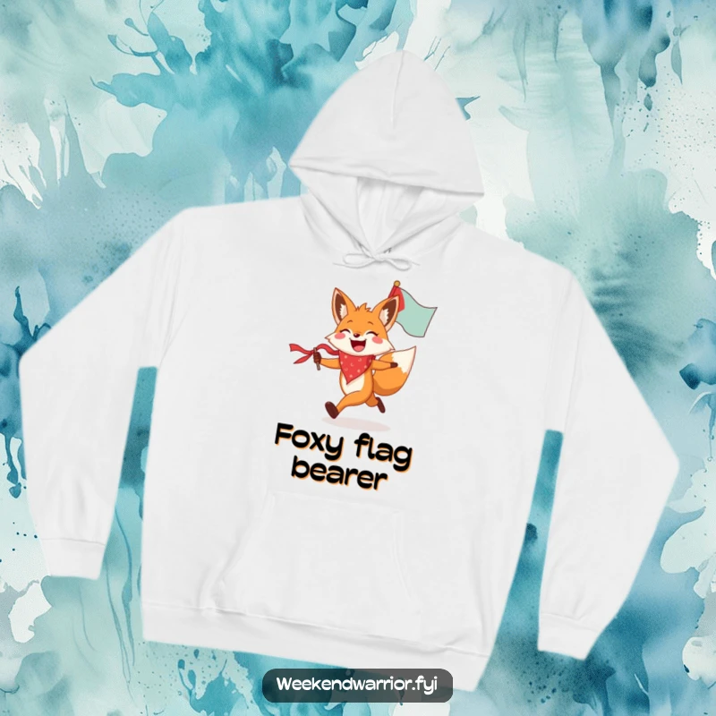 Funny fox hoodie showing a joyful fox in patriotic bandana running with a flag, perfect for staying warm while celebrating.
