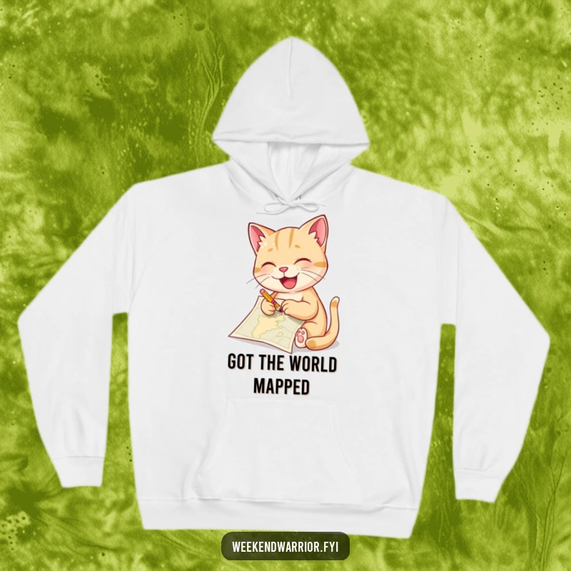 Funny cat hoodie featuring a delighted feline artist sketching a map with a tiny pencil, perfect for cozy creative sessions.