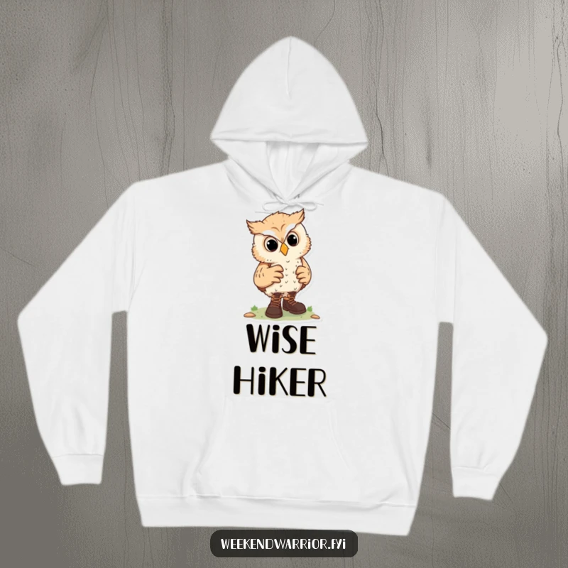 Funny hoodie featuring a curious owl character adjusting hiking boots, perfect for staying warm on hikes and exploring.
