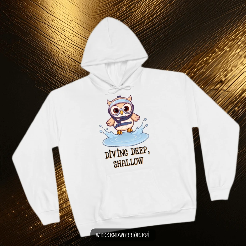Funny hoodie showing an owl in diving gear splashing into a puddle, representing courage and lighthearted fun.